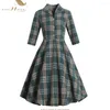 캐주얼 드레스 Autumu Women Dress 3/4 Long Sleeve Retro Vintage Robes Rockabilly Green Pin Up Office Plaid Print Vestidos SR233