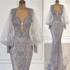 2021 Plus Size Arabic Aso Ebi Mermaid Lace Beaded Prom Dresses Sheer Neck Long Sleeves Evening Formal Party Second Reception Gowns242A