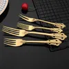 6Pcs Vintage Western Gold Posate da pranzo Coltello da dessert Forchetta Cucchiaio Cuterly Set Golden Luxury Stoviglie Incisione Set da tavola L230704