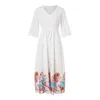 Casual Jurken Dames Zomer Elegante Boheemse Lange Jurk Retro Kant Gedrukt Stiksels 3/4 Mouwen V-hals Swing Maxi