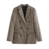 Ternos femininos xadrez chique escritório senhora vintage blazers para mulheres elegantes casacos 2023 manga longa blazer reto duplo abotoado