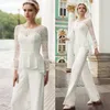 Elegante Peplum Renda Mãe da Noiva Ternos de Calça Gola de Joia com Mangas Longas Vestido de Convidado de Casamento Plus Size Chiffon Mães Groo252s