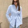 Camicette da donna Camicia da donna 2023 Manica lunga blu francese Risvolto Autunno Cotone Cintura sottile Temperamento Abbigliamento per pendolari