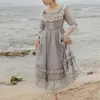 Casual Dresses Fashion Women Square Collar Holiday Beach Maxi Dress Vintage Summer Gray Mesh Patchwork Lace Ruffles Gorgeous Long