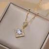 Necklace Earrings Set Bridal Square Stud And Pendant Stainless Steel Chains Necklaces For Women White Zircon Choker Lovers Gifts