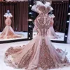 2021 Novos vestidos de noite sereia ouro rosa longos apliques de lantejoulas brilhantes frisados rabo de peixe vestido de baile robe de soiree229b