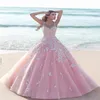 Princess Floral Flower Pink Ball Gown Quinceanera Dresses 2019 Applique Tulle Scoop Sleeveless Lace Bodice Long Prom Dresses Forma321b
