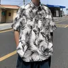 Camisas casuais masculinas TFETTERS 2023 Camisa floral masculina de verão com estampa de folhas de palmeira gola virada para baixo meia manga folgada roupas de praia