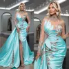 Glamorous Lake Blue Avondjurken High Illusion Lange Mouwen Galajurken Steentjes Side Split Lange Celebrity Vrouwen Formele Par241G