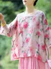 Женские блузки ретро на косточка на косточке кнопка рубашки Рами Рами Женщины 2023 Лето свободный отпечаток.