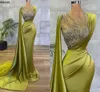 Olive Green Glossy Silk Satin Prom Dresses With Wrap Sparkle Sequined Long Mermaid Evening Party Gowns Ruched Sweep Train Women Second Reception Dress Formal CL0299