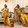 Vestido de fiesta de graduación, vestido de noche largo de satén con escote corazón dorado, vestido Sexy de corte alto de Dubái, vestidos para ocasiones formales, bata Vestito Lungo2851
