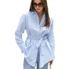 Camicette da donna Camicia da donna 2023 Manica lunga blu francese Risvolto Autunno Cotone Cintura sottile Temperamento Abbigliamento per pendolari