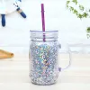 16oz snow globe pre-drilled acrylic Mason mug jar with handle straw lid double walled Plastic mason Cup Fruit Juice cold beverage drinking tumbler with hole plug JY24