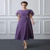 Vestidos de mãe da noiva com comprimento de chá roxo com wraps elegantes em chiffon madre de los vestidos de novia2421