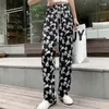 Damesbroek Hoog getailleerde hondenprint Casual voor lieve tienermeisjes Modetrends Koreaanse streetwear Eenvoudige damesbroek met rechte pijpen