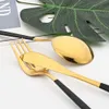 24/16st Gold Tabelleriset Set rostfritt stål Flatvaruvarvattsked Knivgaffel Middagsbidrag Set Western Kitchen Silverware L230704