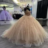 Champanhe lindo quinceanera vestidos para 15 anos 2024 vestido de baile sexy decote em v cinta de espaguete com arco para vestido de festa de menina