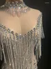 Vêtements de scène femmes anniversaire célébrer pierres robe brillant cristaux franges voir à travers maille barre discothèque danse