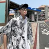 Men's Casual Shirts TFETTERS 2023 Mens Floral Shirt Summer Palm Leaves Print Turn Down Collar Half-sleeved Baggy Beach Clothing