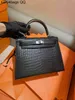 Sac à main designer Crocodile Cuir 7A Qualité Sacs authentiques à la main cousus 25cmreal Matte Blacl Deep Bluejdji