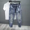 Men's Jeans Korean Fashion Ripped Jeans Men Spring New Slim Little Feet Patch Hole Streetwear Hip-hop Denim Trousers Biker Jeans Pants Blue L230724