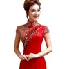 Etniska kläder kinesiska traditionella cheongsam broderier modern elegant qipao orientalisk broderad lång röd bröllopsklänning kväll festklänning