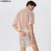 Herrespår Casual Holiday Style Set Incerun Mens See Through Hollowed Mesh kortärmad skjorta Shorts Fashion Man Two Piece 230724