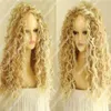 Moda Kadınlar Sarı Afro Kıvırcık Orta Sentetik Saç Cosplay Party Full Wig337b