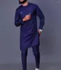Erkeklerin izleri mavi Afrika dashiki set üst ve pantolon 2pcs giyim 2023 erkekler için geleneksel gündelik etni.