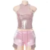 Women's Tracksuits Women's Contrast Color Pink Two Piece Set Ultra Sleeveless Round Neck T-shirt Shorts Irregular Bodycon Clothing
