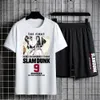 Herren-Trainingsanzüge, Anime-Slam-Dunk-Trainingsanzug, Herren, Sakuragi Hanamichi, T-Shirt, 100 % Baumwolle, übergroße T-Shirts, lässige Manga-Shorts, Anzug, Übergröße, 2-teiliges Set 230724