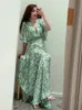 New-M-Ajeハイウエストフローラルドレスvネックコントラストスリットミディドレス女性のためのドレス