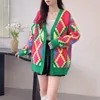 New Women Sweaters Long Sleeve Casual Cardigan Autumn V-neck PatchWork Knit Sweater Fashion Spatching Cell Print Jacket