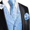 Мужские жилеты шелковые мужские свадебные жилеты, набор галстуки без рукавов за западные жилеты, галстук, газированные запонки Sky Blue Coral Beige Silver Burgundy 230724
