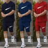 夏のファッションメンレディースショートトラックスーツセット半袖100％コットンTシャツショーツプリント男性セットメンズ服2個セットCJG2307256