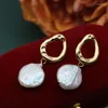 Dangle Earrings 925 Sliver Large Flat Freshwater Pearl Drop For Women Gold Color Metal White Baroque Jewelry