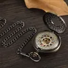 Taschenuhren Bronze mechanische Uhr für Männer Doppelgehäuse offene Seite Skelett Hohlzifferblatt Luxus römische Uhr männliche Frauen mit FOB-Kette