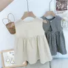 Robes de fille bébé filles dos ouvert creux sans manches Art robe de princesse été Beige pur coton à carreaux