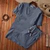 Men s Tracksuits Arrival Cotton and Linen Short Sleeve T shirt Shorts 2PC Set Solid Shirt Shorts Home Suits Male M 5XL TZ002 230724