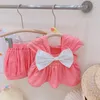 Set da bambina Bretelle con fiocco grande Pantaloncini carini Abito estivo in due pezzi per ragazze