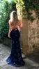 Navy Blue Glitz Lace Sequined Mermaid Prom Dresses Sexy Deep V Neck Backless Prom Gowns Vestidos De Festa