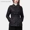 Women's Down Parkas Fashion Shirt Style Women Winter Pärlagad jacka Varm lättviktspetsig krage Top Elegant Slim Short Duck Down Puffer Coat HKD230725