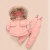 Manteau en duvet enfants hiver vers le bas vêtements ensembles à capuche col en fourrure véritable enfants doudoune bébé filles salopette chaude enfant en bas âge manteaux HKD230725