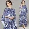 23SS Designer-Kleid Luxus Vintage Fliege Hals bedrucktes Kleid Damenmode blau gemustert Promi-Stil High-End-gedruckter Stil Polo-Ausschnitt Shi Q4Cs #