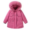 Casaco de penas, roupas infantis, à prova d'água, com gola de pele grande, inverno, grosso, quente, parka, removível, para meninas, 4-12 anos, HKD230725