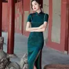 Etniska kläder Sheng Coco China Qipao Dark Green Rose Mönster Klänningar Kinesisk förbättrad stilklänning Lång orientaliska krage Chipao