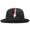 Baretten Mannen Vrouwen Wolmix Ovale Top Bowler Hoeden Wollen Fedora Caps Trilby Feather Band Zonnehoed Verstelbaar UK M-L US 7 1/8-7 3/8