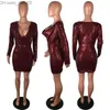 Abiti casual di base Abiti casual Sexy Mini abito con paillettes Donna Manica lunga con scollo a V Glitter Bling Christmas Slim Shiny Elegante Bodycon Club Party Z230725