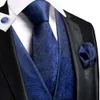 Men's Vests Silk Men's Vests and Tie Business Formal Dresses Slim Vest 4PC Necktie Hanky cufflinks for Suit Blue Paisley Floral Waistcoat 230724